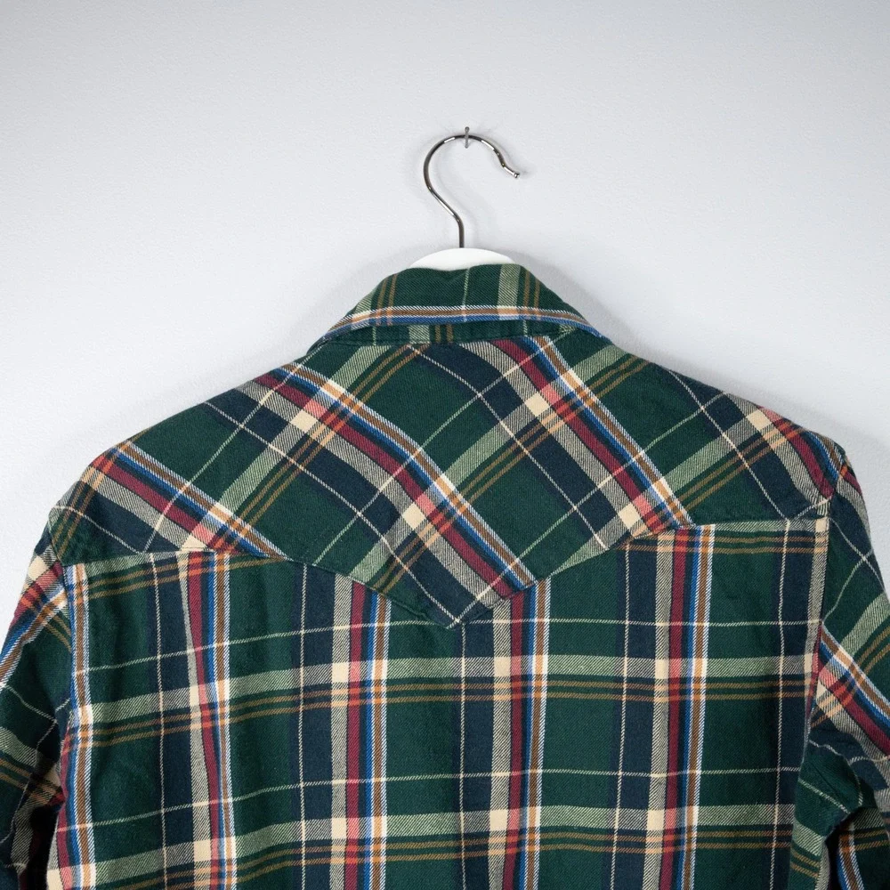 Vintage Wrangler Western Flannel Shirt Mens Medium Green Plaid‎ Pearl Snap Yoke